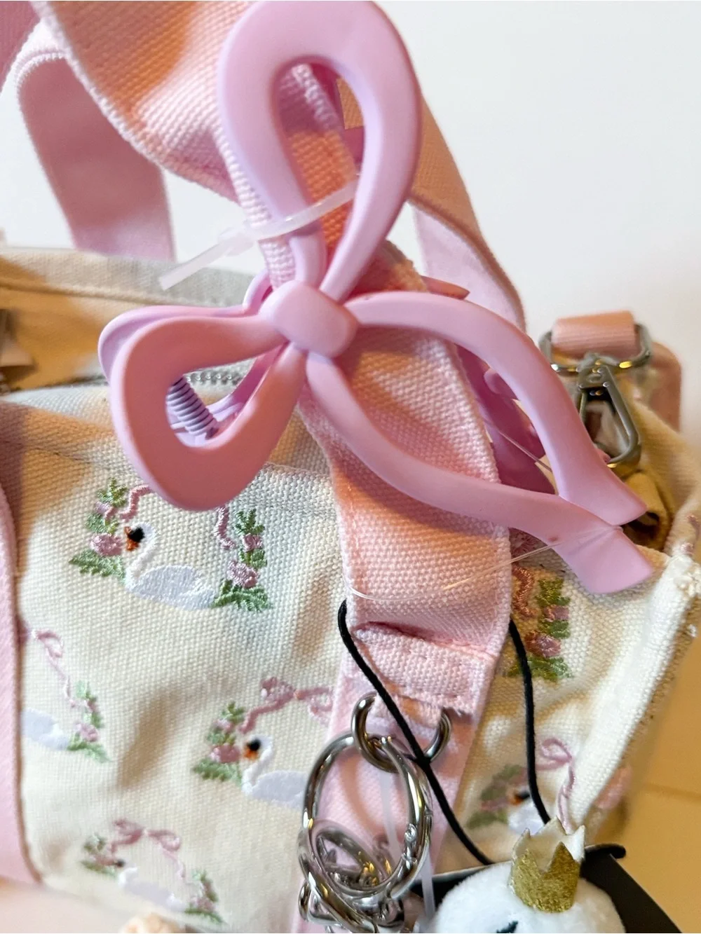 Madden Girl Vital Swan Embroidered Crossbody Mini Tote with Charms & Pouch